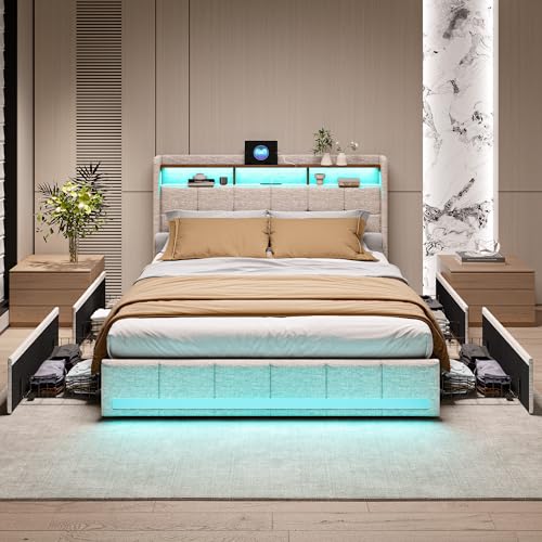 KeepGoon Polsterbettrahmen mit USB Ladestation und LED-beleuchtetem Kopfteil, 160×200cm Doppelbett Stauraumbetten Funktionsbett Bettgestell, Bettrahmen mit 4 Schubladen Beige von KeepGoon