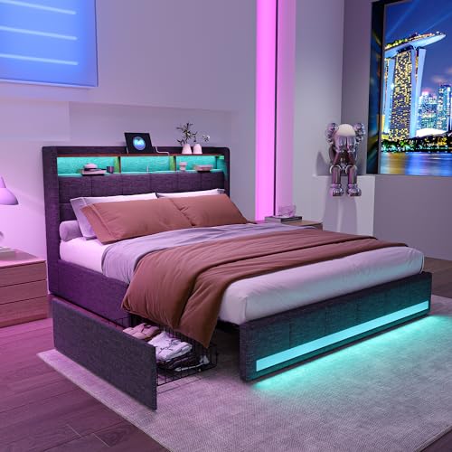 KeepGoon Polsterbettrahmen mit USB Ladestation und LED-beleuchtetem Kopfteil, 200×160cm Doppelbett Stauraumbetten Funktionsbett Bettgestell, Bettrahmen mit 4 Schubladen Grau von KeepGoon