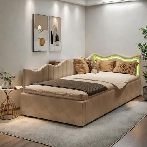 KeepGoon Schlafsofa 90 * 200 cm mit Stauraum Kinderbett Einzelbett LED Lichtstreifen Samt Offwhite von KeepGoon