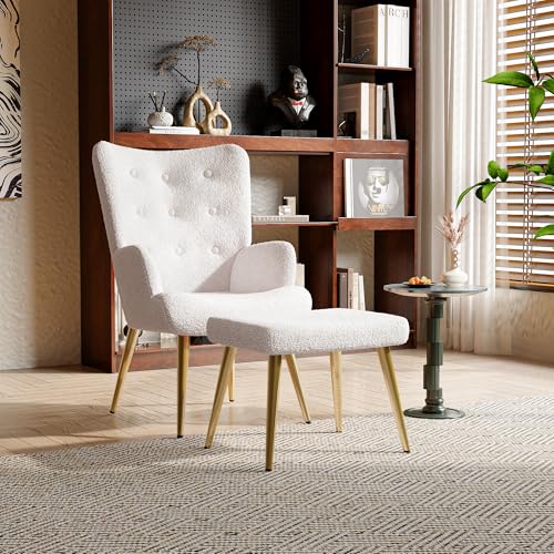 KeepGoon Schlafzimmersessel,skandinavischer Sessel mit Fußstütze,Bequemer Lounge Chair in Plüschstoff mit Goldenen Metallbeinen,loungesessel Wohnzimmer,Weiß von KeepGoon