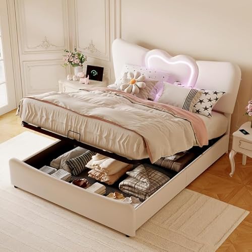 KeepGoon polsterbett 160x200 mit stauraum, betten mit led Beleuchtung und USB Buchse, doppelbett mit lattenrost, funktionsbett, beige samt Stoff, mädchenbett, Kopfteil mit Liebesherz von KeepGoon