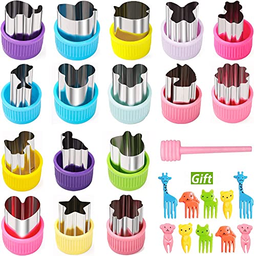 Keepaty 16 Stück Obst Form Ausstecher Gemüse Ausstecher Set Mini Tier Ausstechformen Obst Stempel Form 10 STÜCKE Niedliche Cartoon Tiere Essen Picks und Gabeln von Keepaty