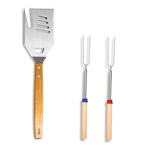 Keepaty 5-in-1-Grillspatel-Set - Edelstahl-Grillwerkzeug-Set mit 1 Gabelspatel und 2 Teleskopgabeln - Personalisierte Grillutensilien für das ultimative Outdoor-Koch-Erlebnis von Keepaty