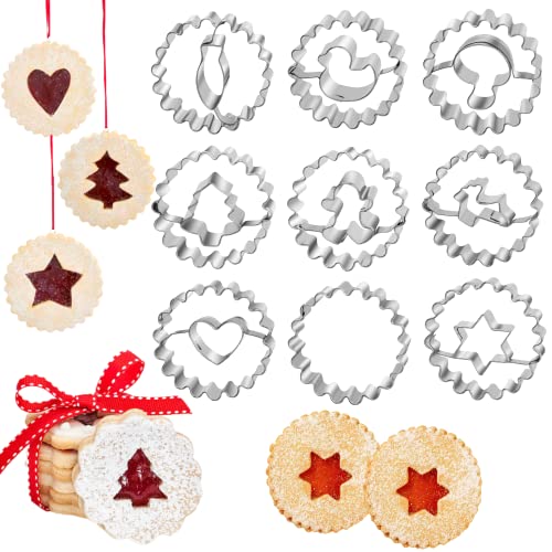 Keepaty Plätzchen Ausstecher Set, 9 Stück Ausstechformen Weihnachten Linzer, Mini Ausstechformen Edelstahl Linzer Ausstecher Set für Tortendekorationen, Zuckerkuchen, Kekse und Fondant von Keepaty