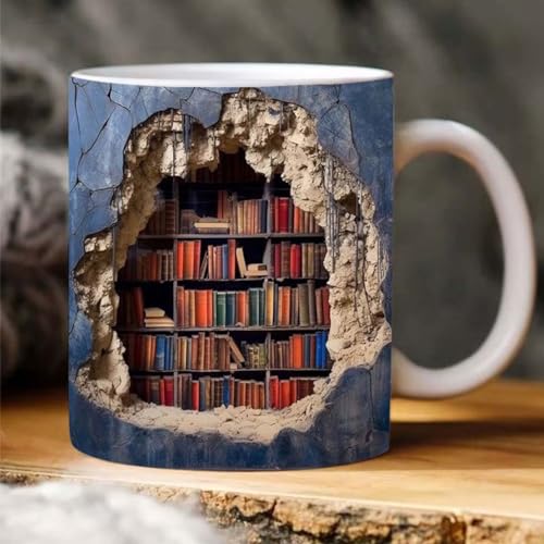 3D Bookshelf Mug, A Library Shelf Cup, Bibliothek Bücherregal Reisebecher,Teebecher Milchbecher, Kreativer Raum Design Mehrzweckbecher, 3D weiße Tassen, Buch Liebhaber Kaffeebecher für Kaffee (A) von Keeplus