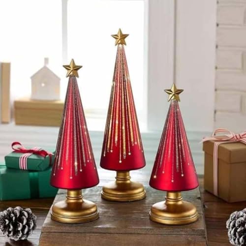 3Stk Festliche Lebkuchen-Design Dekoration für Resin-Weihnachtsanhänger Bastelgeschenk Dekoration, Timer Lighted Sparkling Starry Night Glass Trees, Mini Weihnachtsbaum Weihnachtsdekoration (Rot) von Keeplus
