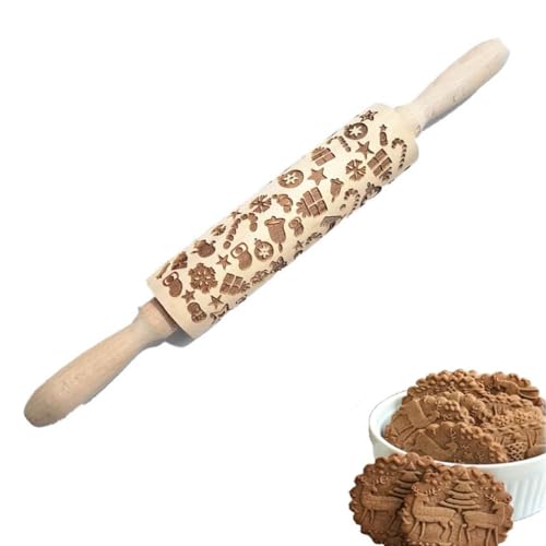 Aus Buche geschnitztes Nudelholz,Christmas Wooden Rolling Pins, Teigroller Weihnachten Nudelholz mit muster, Weihnachten 3D Elch Schneeflocke teigroller muster, Weihnachts-Nudelholz aus Holz (D) von Keeplus