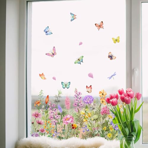 Bunter Blumenstrauß-Fensteraufkleber, Colorful Floral Bouquet Window Sticker Cut to Size, Fensterbilder Frühling Selbstklebend Fensteraufkleber Fenstersticker Blumen Libellen Fensterdeko (B) von Keeplus