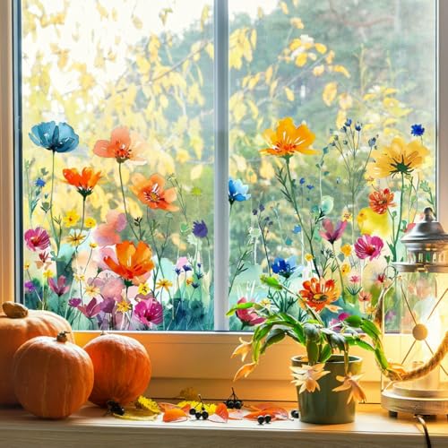 Bunter Blumenstrauß-Fensteraufkleber, Colorful Floral Bouquet Window Sticker Cut to Size, Fensterbilder Frühling Selbstklebend Fensteraufkleber Fenstersticker Blumen Libellen Fensterdeko (C) von Keeplus