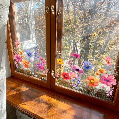 Colorful Floral Bouquet Window Sticker Cut to Size, Fensterbilder Frühling Selbstklebend Fensteraufkleber Fenstersticker Blumen Libellen Fensterdeko Anti-Kollision Deko Fensterfolie Fensterbild (A1) von Keeplus