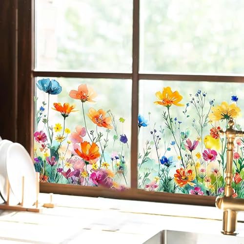 Colorful Floral Bouquet Window Sticker Cut to Size, Fensterbilder Frühling Selbstklebend Fensteraufkleber Fenstersticker Blumen Libellen Fensterdeko Anti-Kollision Deko Fensterfolie Fensterbild (C) von Keeplus