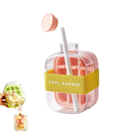 Ice Cube Bottle,2 in 1 Touch-Free Ice Cube Tray Water Bottle with Lid&Bin,Ice Cube Flasche,Eiswürfelform Silikon,Alle Eiswürfel ineiner Sekunde freigeben,wiederverwendbare Eiswürfelform (Rosa, 500ML) von Keeplus