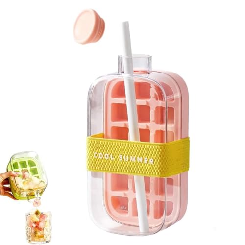 Ice Cube Bottle,2 in 1 Touch-Free Ice Cube Tray Water Bottle with Lid&Bin,Ice Cube Flasche,Eiswürfelform Silikon,Alle Eiswürfel ineiner Sekunde freigeben,wiederverwendbare Eiswürfelform (Rosa, 800ML) von Keeplus