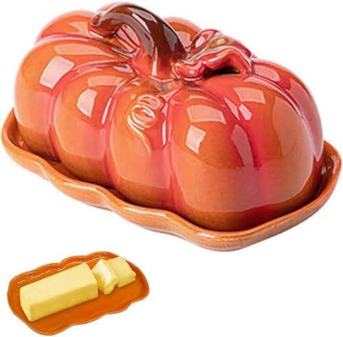 Pumpkin Butter Dish With Lid - Fall Kitchen Countertop Tray, Kürbis-Butterdose mit Deckel – Herbst-Küchen-Arbeitsplatte, Kürbisförmige Snackplatte & Käsebrett, Mehrzweck-Servierschale für Halloween von Keeplus