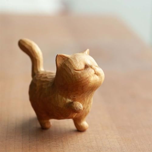 Tiny Cute Wooden Cat, Kleine süße hölzerne Katze, Handgefertigte, aus Holz Geschnitzte Katzen, Holzornamente, Buchsbaum kleine hölzerne Katze Figuren, stolze Kätzchen Ornament (A) von Keeplus