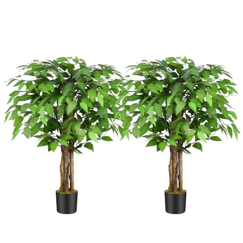Keeplush Kunstpflanze Ficusbaum 90cm, Künstliche Pflanzen groß wie echt mit Stamm aus Naturholz, Kunstbaum groß für Wohnzimmer, Schlafzimmer, Büro, Garten (2 Pack) von Keeplush