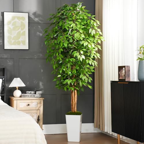 Keeplush künstliche Pflanzen Ficus 210cm hoch mit weißem Übertopf,Künstliche Pflanzen groß wie echt mit Stamm aus Naturholz,Kunstbaum für InnendekorWohnzimmer Schlafzimmer Büro GartenHaus Decor von Keeplush