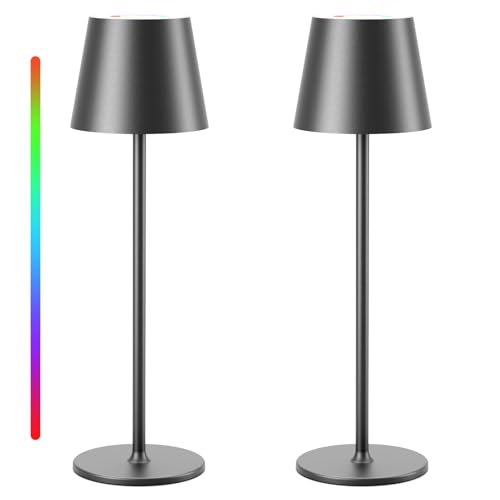 Keepoo Tischlampe Kabellos Dimmbare LED Akku Tischleuchte, Wiederaufladbar Warme Lichtfarbe 3000K+RGB Aluminium Outdoor Tischlampe wasserdicht für Restaurant,Schlafzimmer,Bar,IP54 (Schwarz 2 Stück) von Keepoo