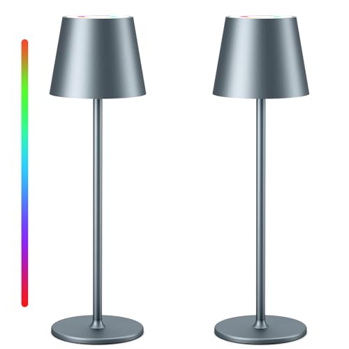 Keepoo Tischlampe Kabellos Dimmbare LED Akku Tischleuchte, Wiederaufladbar Warme Lichtfarbe 3000K+RGB Aluminium Outdoor Tischlampe wasserdicht für Restaurant,Schlafzimmer,Bar,IP54 (Silbergrau 2 Stück) von Keepoo