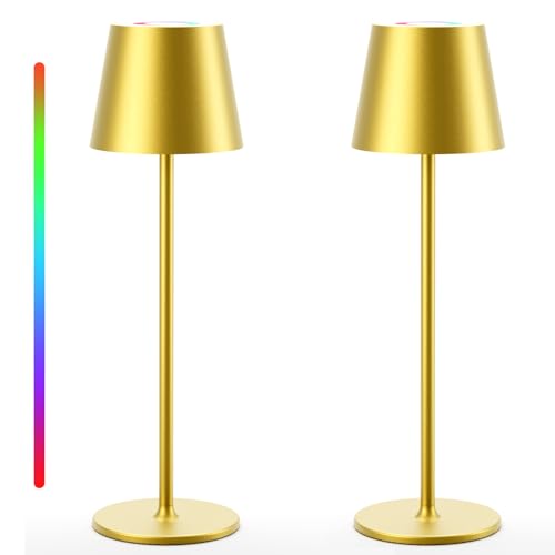 Keepoo Tischlampe Kabellos Dimmbare LED Akku Tischleuchte, Wiederaufladbar Warme Lichtfarbe 3000K+RGB Aluminium Outdoor Tischlampe wasserdicht für Restaurant,Schlafzimmer,Bar,IP54 (Gold 2 Stück) von Keepoo