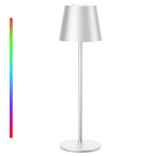 Keepoo Tischlampe Kabellos Dimmbare LED Akku Tischleuchte, Wiederaufladbar Warme Lichtfarbe 3000K+RGB Aluminium Outdoor Tischlampe wasserdicht für Restaurant,Schlafzimmer,Bar,IP54 (Silber 1 Stück) von Keepoo