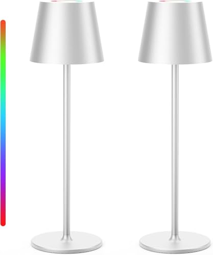Keepoo Tischlampe Kabellos Dimmbare LED Akku Tischleuchte, Wiederaufladbar Warme Lichtfarbe 3000K+RGB Aluminium Outdoor Tischlampe wasserdicht für Restaurant,Schlafzimmer,Bar,IP54 (Silber 2 Stück) von Keepoo