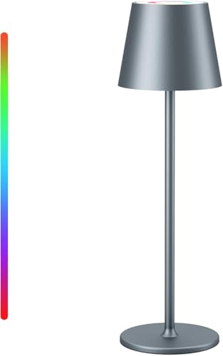 Keepoo Tischlampe Kabellos Dimmbare LED Akku Tischleuchte, Wiederaufladbar Warme Lichtfarbe 3000K+RGB Aluminium Outdoor Tischlampe wasserdicht für Restaurant,Schlafzimmer,Bar,IP54 (Silbergrau 1 Stück) von Keepoo