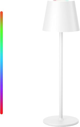 Keepoo Tischlampe Kabellos Dimmbare LED Akku Tischleuchte, Wiederaufladbar Warme Lichtfarbe 3000K+RGB Aluminium Outdoor Tischlampe wasserdicht für Restaurant,Schlafzimmer,Bar,IP54 (Weiß 1 Stück) von Keepoo