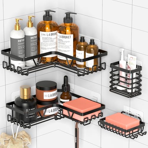 Kegii Duschablage Ecke Schwarz - 4 Stück Edelstahl Duschablage Ohne Bohren mit Seifenschale & Zahnbürstenhalter, Duschregal Ohne Bohren Ecke, Platzsparend von Kegii
