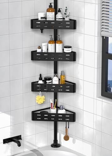 Kegii Teleskop Duschregal - Teleskopregal Bad Eckregal Dusche Duschablage Ohne Bohren Teleskopstange Dusche für Badezimmer Badewanne (Schwarz, 4 Körbe) von Kegii