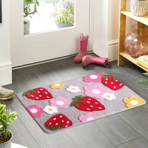Badematte Rutschfest,45*65CM Rosa Badezimmerteppich Erdbeer Badematte Waschbar Badteppich Bunt Badvorleger Weiche Mikrofaser Duschvorleger Absorbierende Badezimmer Teppich für Dusche, Badewannen (02) von Keho Keho Kehongdun