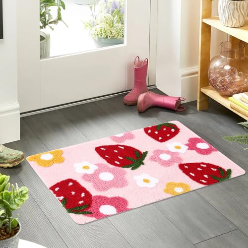 Badematte Rutschfest,45*65CM Rosa Badezimmerteppich Erdbeer Badematte Waschbar Badteppich Bunt Badvorleger Weiche Mikrofaser Duschvorleger Absorbierende Badezimmer Teppich für Dusche, Badewannen (01) von Keho Keho Kehongdun