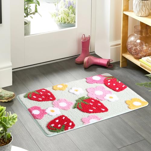 Badematte Rutschfest,45*65CM Rosa Badezimmerteppich Erdbeer Badematte Waschbar Badteppich Bunt Badvorleger Weiche Mikrofaser Duschvorleger Absorbierende Badezimmer Teppich für Dusche, Badewannen (03) von Keho Keho Kehongdun