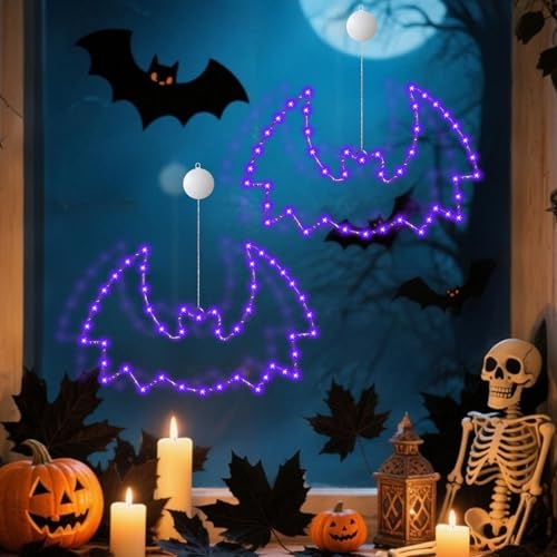 Halloween Deko 2er Pack Lila Fledermaus Fensterlichter,Halloween Lila Fledermaus LED Schnurlicht mit Saugnapf und Timer Funktion,Lichterkette Batteriebetrieben für Fenster Draußen & Innen (01) von Keho Keho Kehongdun