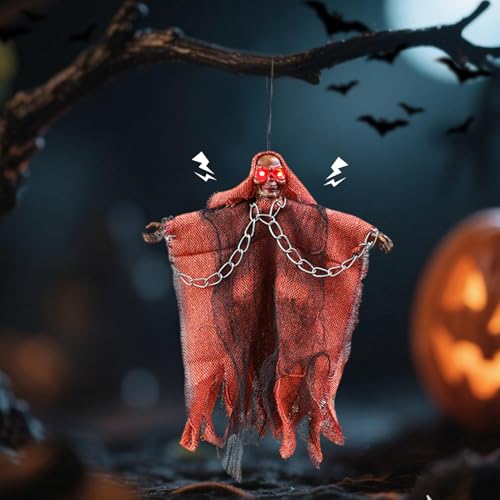 Halloween Deko Draußen Hängende Geist,Animierter Geist mit Geräuschaktivierung und Beleuchteten Augen Spukhaus Requisiten für Halloween Spukhaus,Outdoor/Indoor,Rasen Deko (01) von Keho Keho Kehongdun