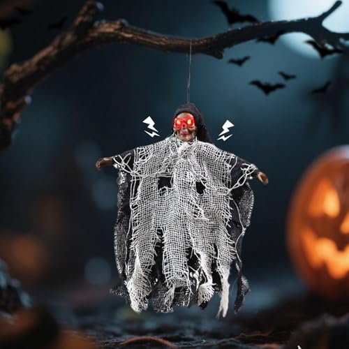 Halloween Deko Draußen Hängende Geist,Animierter Geist mit Geräuschaktivierung und Beleuchteten Augen Spukhaus Requisiten für Halloween Spukhaus,Outdoor/Indoor,Rasen Deko (03) von Keho Keho Kehongdun