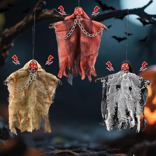 Halloween Deko Draußen Hängende Geist,Animierter Geist mit Geräuschaktivierung und Beleuchteten Augen Spukhaus Requisiten für Halloween Spukhaus,Outdoor/Indoor,Rasen Deko (3 Stück) von Keho Keho Kehongdun