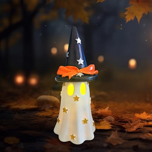Halloween Deko Geist Statue mit Licht,Halloween Desktop Ornamente Gespenst mit Hexe Hüte Figuren aus Harz,Niedlich Spooky Gespenst Figuren für Indoor Party Tabletop Home Regal Deko (02) von Keho Keho Kehongdun