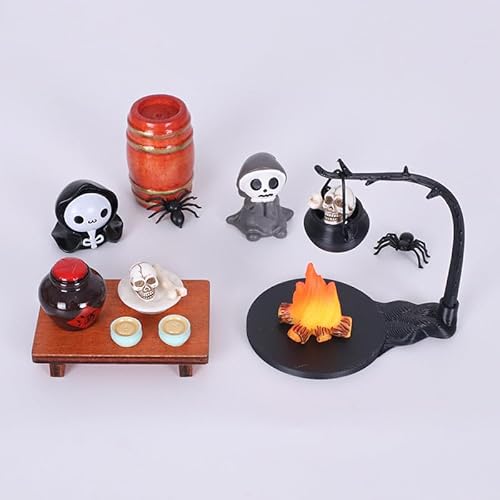 Halloween Deko Miniatur Puppenhaus,16 Stück Holz Wichteltür Zubehör Set mit Skelett Miniatur Lagerfeuer Spinne und Andere Zubehör,Mini Werkzeug Halloween Wichtelzubehör für Wichteltür Puppenhaus (04) von Keho Keho Kehongdun