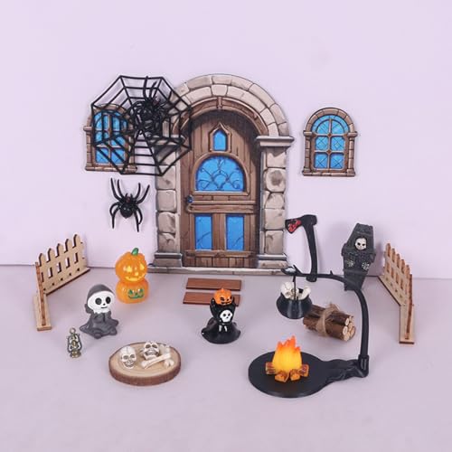 Halloween Deko Miniatur Puppenhaus,33 Stück Wichteltür Zubehör Set mit Skelett Kürbis Baumstumpf Spinne und Andere Zubehör,1:12 Mini Werkzeug Halloween Wichtelzubehör für Wichteltür Puppenhaus (01) von Keho Keho Kehongdun
