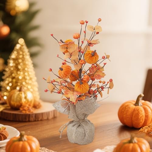 Herbst Tischdeko Künstlicher Kürbis Ahornblatt Lichterbaum,45CM Künstlicher Herbstbaum mit Jute Basis und 2M 20 LEDs Lichter,Lichterbaum Halloween Deko für Herbst Erntedankfest Party Büro (01) von Keho Keho Kehongdun