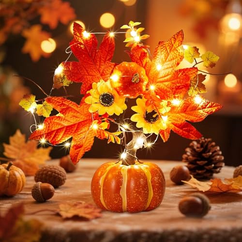 Herbstdeko LED Künstliche Kürbisse Baum Lichter,13.8" Kürbis LED Lichterbaum mit Ahornblatt Kürbis,Kunstkürbisse aus Schaumstoff mit Beleuchtung für die Erntezeit im Herbst Halloween Tischdeko (01) von Keho Keho Kehongdun