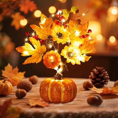 Herbstdeko LED Künstliche Kürbisse Baum Lichter,13.8" Kürbis LED Lichterbaum mit Ahornblatt Kürbis,Kunstkürbisse aus Schaumstoff mit Beleuchtung für die Erntezeit im Herbst Halloween Tischdeko (03) von Keho Keho Kehongdun