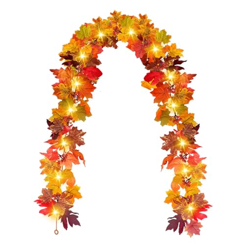 Künstliche Herbst Ahornblätter Girlande,175CM Herbst Girlande Ahornblätter mit 5M Lichterkette,Fernbedienung und Timer,8 Modi,Herbst Hängepflanze für Erntedankfest Weihnachtsdeko Party (02) von Keho Keho Kehongdun