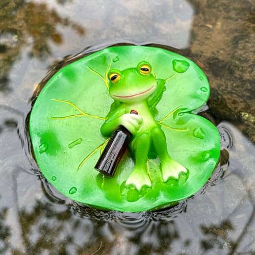 Schwimmender Frosch Garten Statue,Deko Garten Frosch Figuren,Harz Frosch auf Lotus Blatt Figur Teich Dekor für Miniteich Terrassenteich Zinkwannen Solarbrunnen Garten Balkon Teiche Deko (01) von Keho Keho Kehongdun