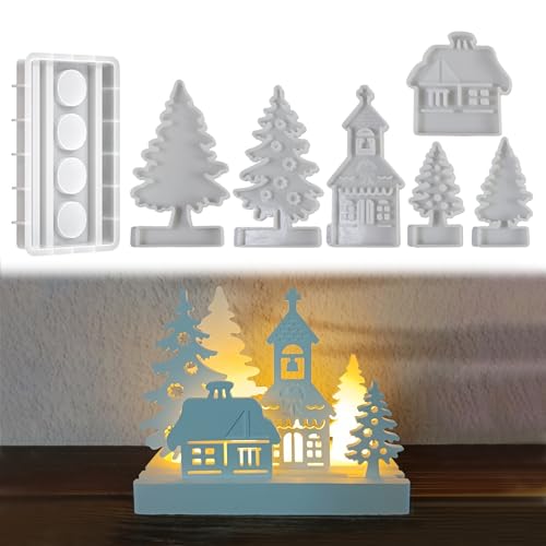 Silikonformen Gießformen Weihnachten,7 in 1 Weihnachtsbaum Silikonform Haus mit Sockel Silikon Gießform Kerzenhalter Gipsform Zum Gießen Haus Baum Giessform Silikon für Weihnachten Deko (02) von Keho Keho Kehongdun