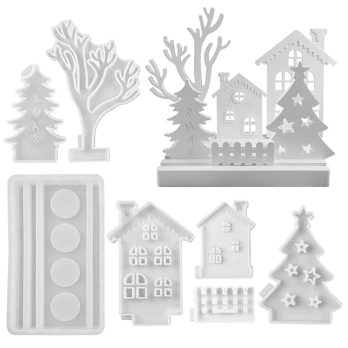 Silikonformen Gießformen Weihnachten,7pc Silikonform Haus und Weihnachtsbaum Kombination Silikonform Kerzenhalter,Gießformen Silikonform Weihnachten Kerzenformen zum Gießen Silikonform Einschieber (A) von Keho Keho Kehongdun