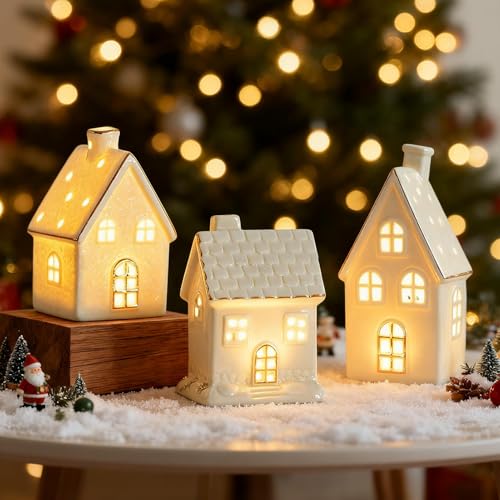 Weihnachtsdorf Beleuchtet Weiß,Mini Lichthaus Gästehaus Weihnachtslaterne LED,Lichthäuser Keramik Weiß Teelichthalter Windlicht Haus Weihnachtshäuser Weihnachtsdeko,Keramikhaus Skandinavisch (3 Stück) von Keho Keho Kehongdun