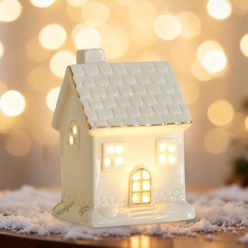 Weihnachtsdorf Beleuchtet Weiß,Mini Lichthaus Gästehaus Weihnachtslaterne LED,Lichthäuser Keramik Weiß Teelichthalter Windlicht Haus Weihnachtshäuser Weihnachtsdeko,Keramikhaus Skandinavisch (C) von Keho Keho Kehongdun