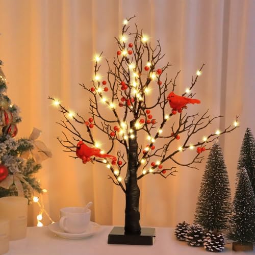 Winterdeko Leuchtender Vintage Baum mit Beeren und Beweglichen Kardinälen,21in Warmweiß 60 LEDs Bäumchen Birken Dekozweige Batteriebetrieb Weihnachtsdeko für Zuhause Party Geburtstag Hochzeit (01) von Keho Keho Kehongdun